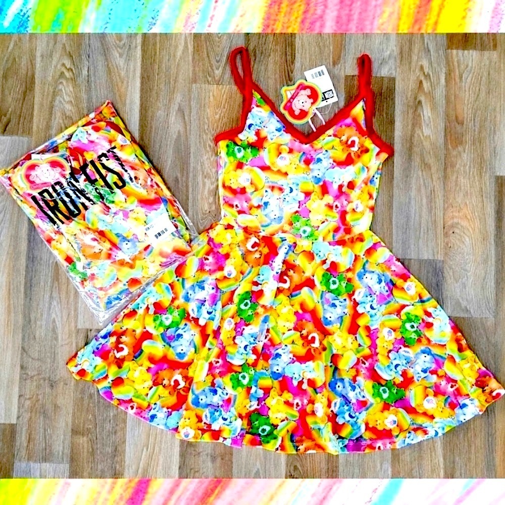 IRON FIST Care Bears Lotsa Rainbows red velvet strap microfleece dress